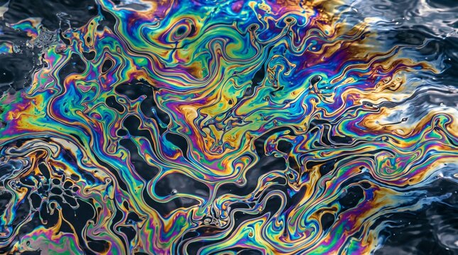 Iridescent oil slick on water surface, colorful gasoline spill pollution, rainbow chemical film texture on dark ocean waves