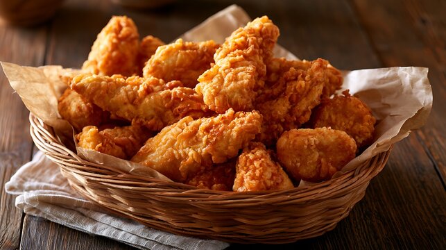 Crispy fried chicken tenders served in a woven wicker basket