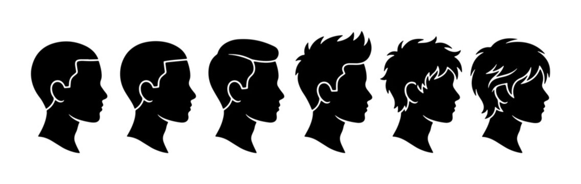 Diverse Male Hairstyles Silhouette Collection, Modern & Classic Haircuts, Vector Icons for Grooming and Style Guides