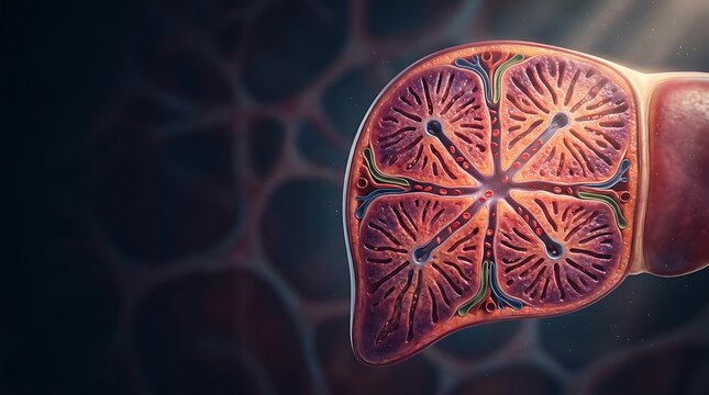 Microscopic view of human liver lobule anatomy showing internal cellular structure and blood vessels.