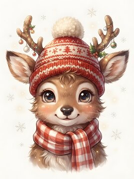 Adorable reindeer head wearing a red winter hat and scarf with festive holiday decorations