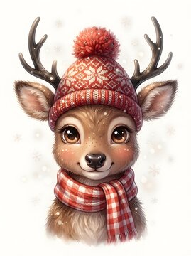 Adorable reindeer fawn wearing a red knit hat and scarf in a digital illustration