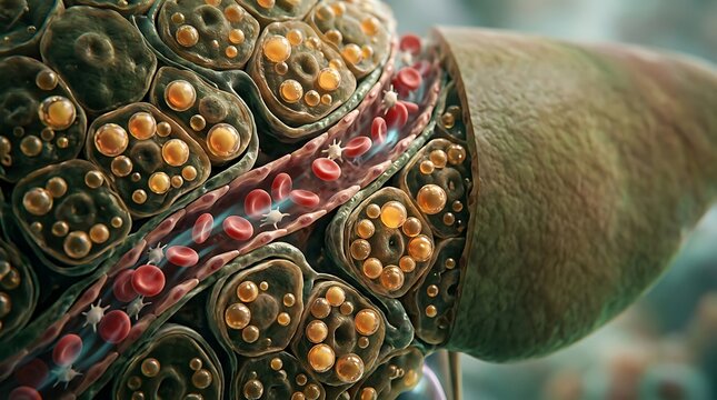 Microscopic view of human liver tissue showing cellular structure and blood vessels.