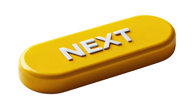 Perspective view of a glossy yellow 3D next button isolated on transparent background. Perfect for modern user interface projects.