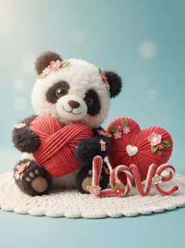 Adorable teddy bear panda with a red heart and yarn ball valentines day concept