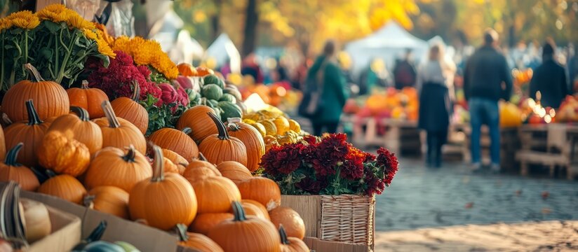 Autumn farmer's market displaying pumpkins and seasonal flowers, banner