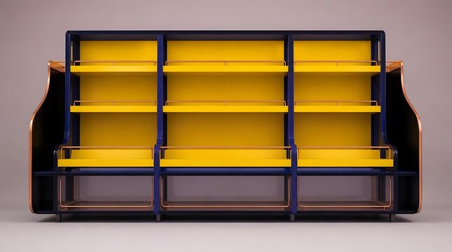 Modern Display Shelf Unit with Yellow and Blue Accents.