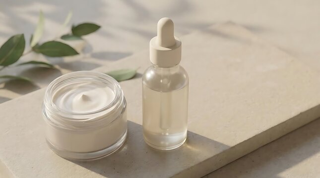 Natural skincare concept featuring a moisturizer serum combo on a minimalist stone background
