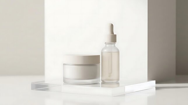 Minimalist skin care products with a moisturizer serum combo on a clear display stand.