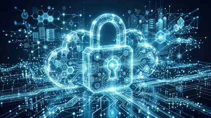 Fototapeta premium Digital cloud security padlock icon representing data protection and cyber network safety.
