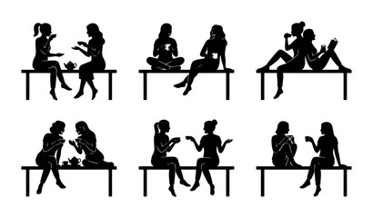 Fototapeta premium Silhouette Women Chatting, Tea Time, Relaxing Conversations, Vector Set of 6 Poses