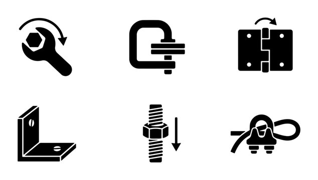 Hardware Icons Set: Wrench, Clamp, Hinge, Bracket, Bolt, Rope Clip Vector Graphics for Construction and DIY Projects