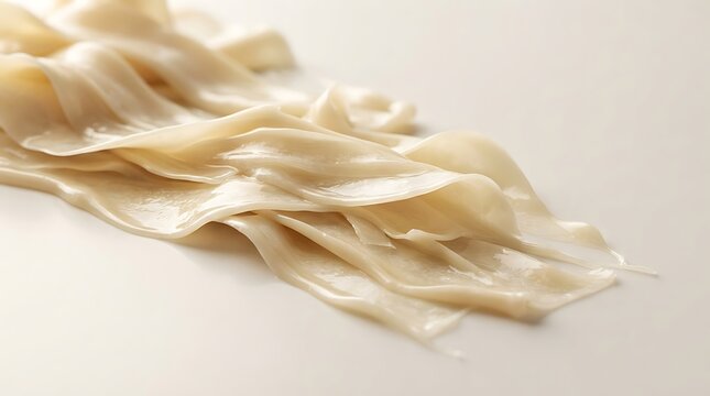Silk ribbons of fresh white dough lay on bright flat surface.