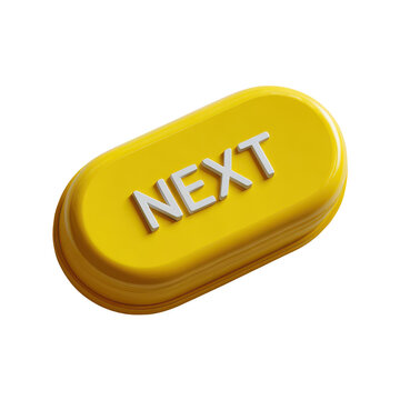 Angled view of a glossy yellow 3D next button isolated on transparent background. Great for interactive web design elements.