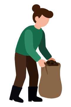Hand-traced vector illustration of a female field researcher collecting soil samples in a burlap sack, wearing green sweater and rubber boots, flat style illustration icon