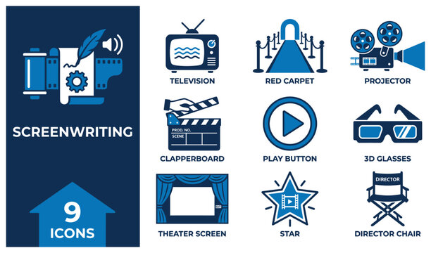 Screenwriting and filmmaking symbols for movie production and entertainment.
