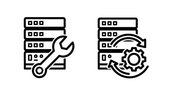 Server management and settings line icons set featuring data center hardware maintenance and gear configuration symbols management maintenance