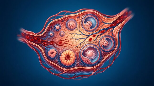 Medical illustration of a human ovary showing the process of ovulation and follicle development.
