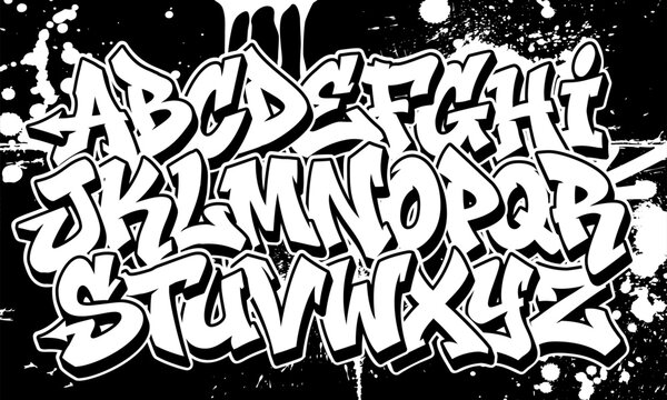 Street style graffiti alphabet with white letters and paint splashes