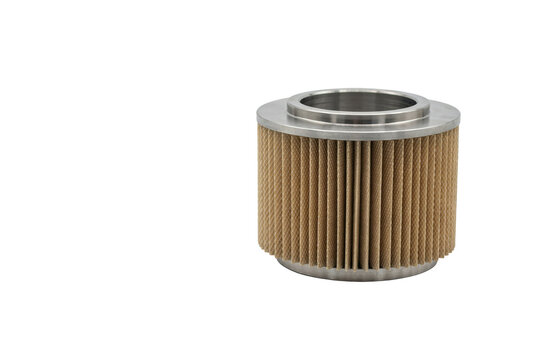 Cylindrical pleated paper oil filter with metal end caps for automotive engine maintenance isolated on a transparent background