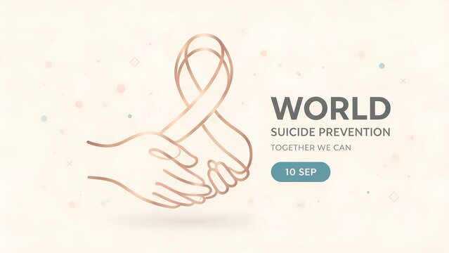 Rose gold ribbon intertwined with two gentle hands line art graphic design celebrating world suicide prevention awareness day on September tenth with elegant modern minimalist style
