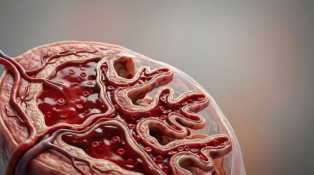 Detailed 3D medical illustration of a human kidney glomerulus structure.