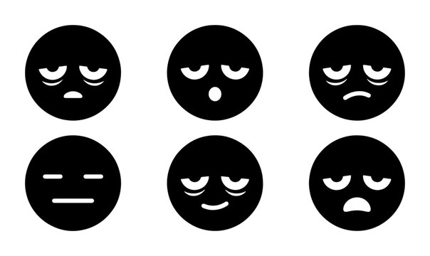 Six Black Emoji Icons Representing Boredom, Tiredness, and Disinterest. Simple Vector Faces for Digital Communication and User Interface Design.