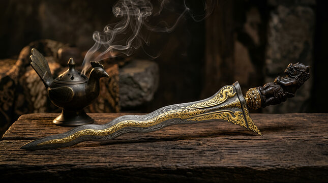 Ancient Indonesian kris dagger with gold inlaid blade and carved wooden hilt on vintage wooden table with incense burner