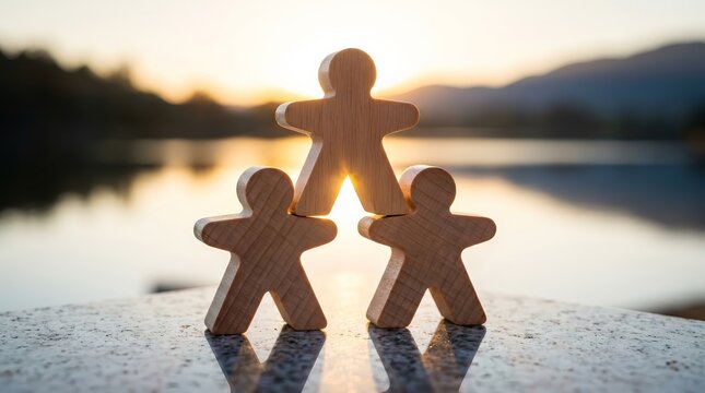 Stack of wooden puzzle people symbolizing business leadership, support, and unity.