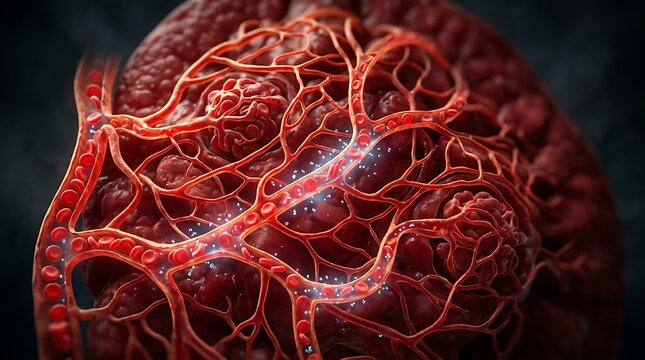 Close-up view of human blood vessels and capillaries network with flowing red blood cells.