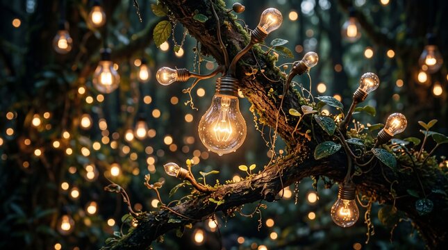 detailed Macro photo of lightbulbs growing on tree branches showing abstract micro structural details and textures with professional studio lighting