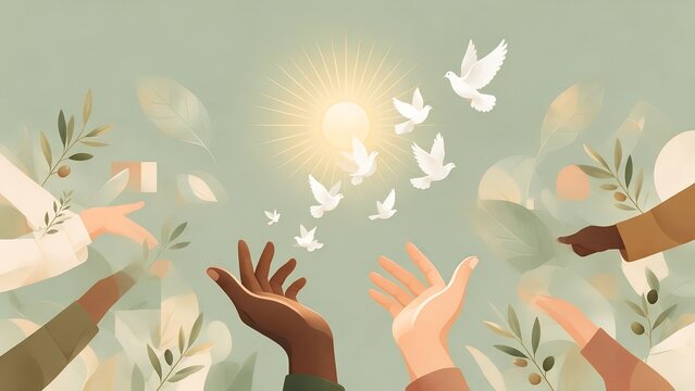 Diverse hands reaching toward white flying doves under a glowing sun against olive branches in this soft artistic illustration representing global peace and collective unity