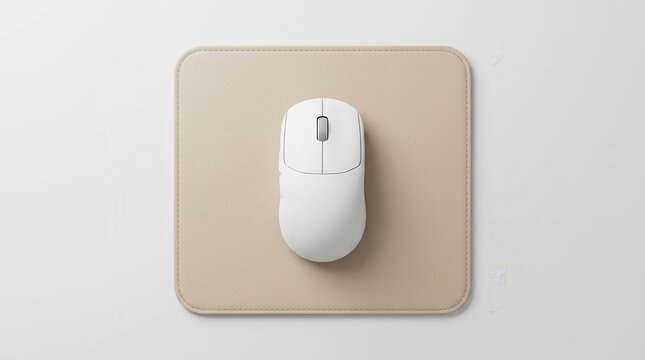 Minimalistic white wireless mouse placed on a beige mouse pad with modern design.