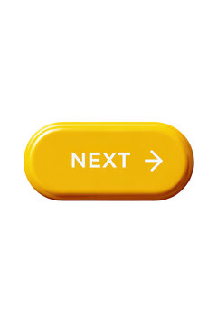 Glossy yellow 3D next button with arrow isolated on transparent background. Perfect for website user interface design.
