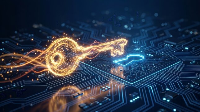 Digital encryption concept featuring a glowing light key entering a keyhole on a high-tech circuit board.