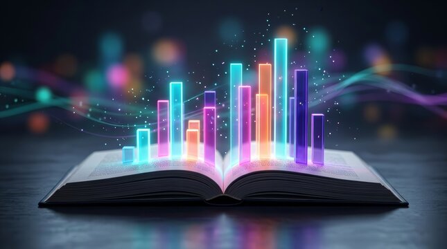An open book with luminous data analytics and colorful bar charts emerging from pages.