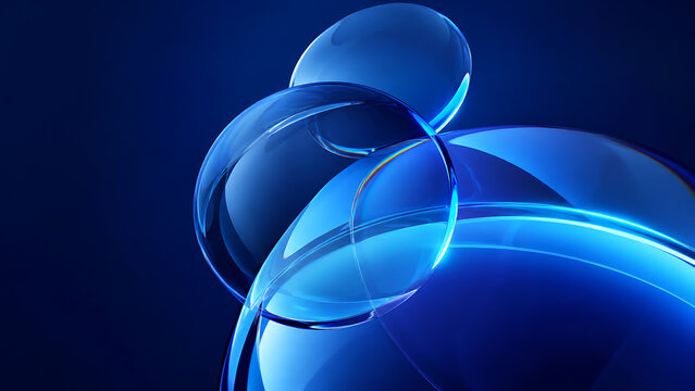 Abstract glowing blue glass spheres cluster dark background with abstract