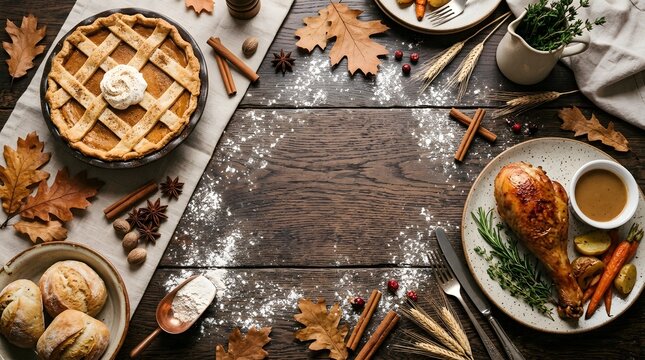 A bountiful and heartwarming thanksgiving feast spread across a rustic wooden table featuring traditional dishes and autumnal decorations creating a joyful atmosphere