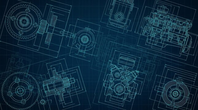 Detailed mechanical gear and engine technical drawings for engineering design.