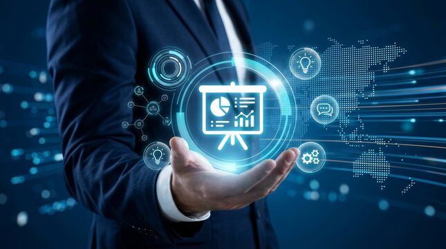 Corporate presentation concept with an executive summary project and digital data networking.