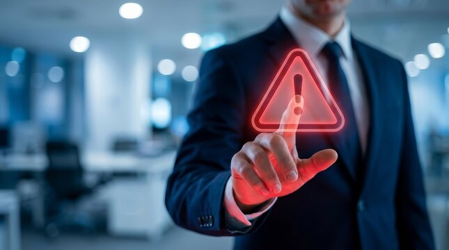 A professional businessman touching a red alert symbol representing caution and risk management.