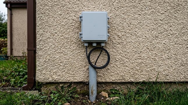 External fibre optic cable connection with termination box and conduit entry on residential wall