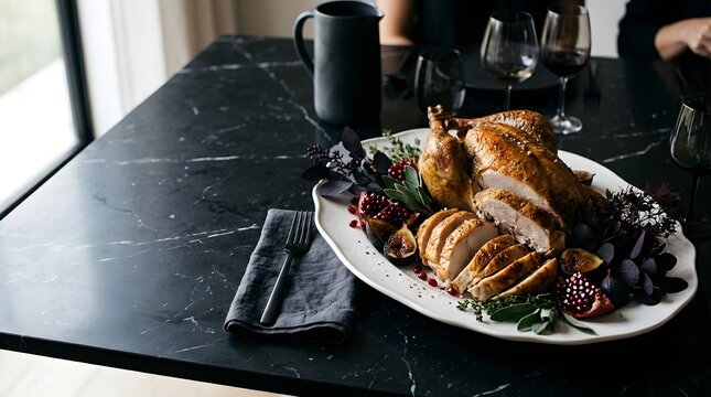 A beautifully arranged thanksgiving feast complete with a golden brown roasted turkey vibrant side dishes and a warm inviting atmosphere perfect for family gatherings