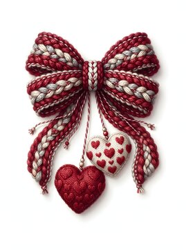 Festive red and gray knitted bow with heart charms on a white background