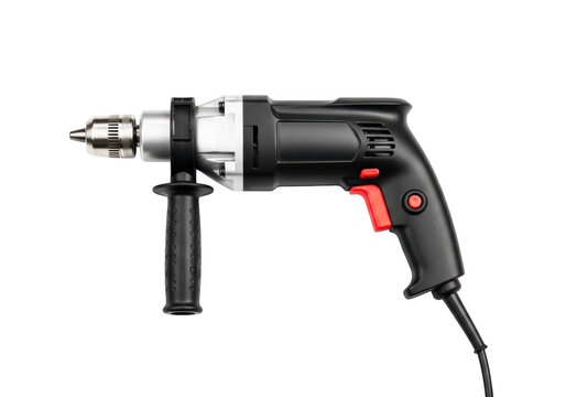Professional black and silver power drill with red accents and auxiliary handle for home renovation or construction work.