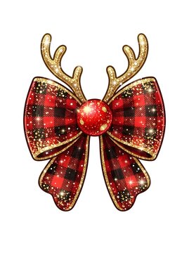 Festive reindeer hair bow with red plaid and gold glitter on a transparent background