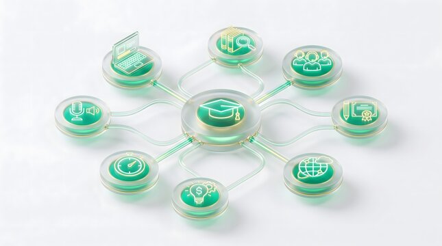 Transparent glass education network connects with neon business icons against a bright white background