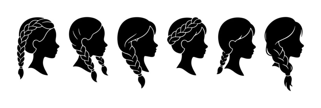 Braided Hairstyles Collection, Silhouette Vector Set of Six Diverse Braid Styles for Women and Girls, Elegant Updos and Ponytails, Black and White Graphic Elements