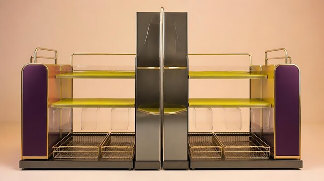 Modern Art Deco Style Bookends with Purple Accents and Yellow Shelves.