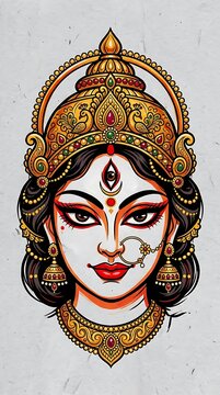 Illustration of goddess durga face with golden crown and traditional ornaments